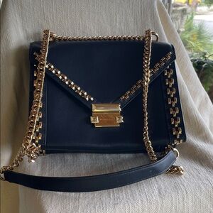 Michael Kors dark navy Leather Chain-Trim Shoulder Bag - Designer Style